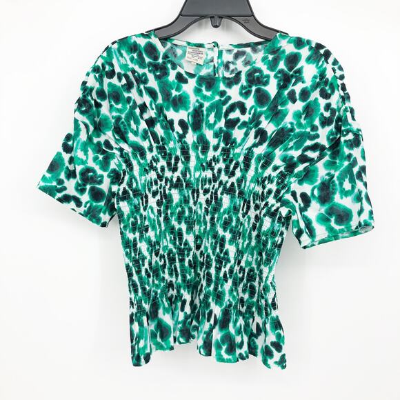 PFERDGARTEN Womens Mynowa Blouse Size 4 Flower Green Smocked Cotton Peplum NWOT - Picture 4 of 10